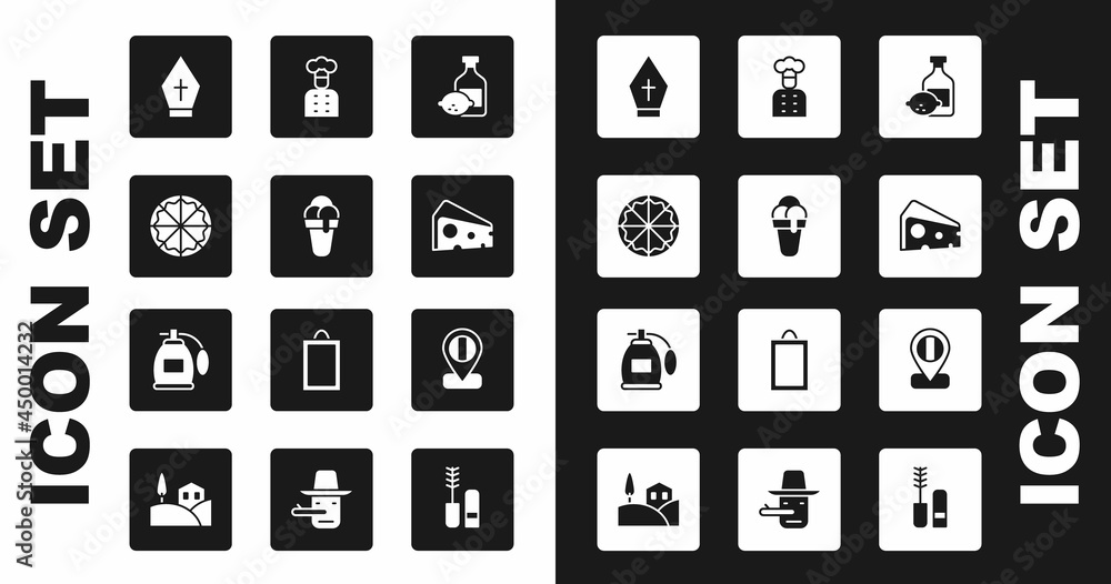 Set Limoncello bottle, Ice cream, Pizza, Pope hat, Cheese, Italian cook, Location flag Italy and Perfume icon. Vector Set Limoncello bottle, Ice cream, Pizza, Pope hat, Cheese, Italian cook, Location flag Italy and Perfume icon. Vector