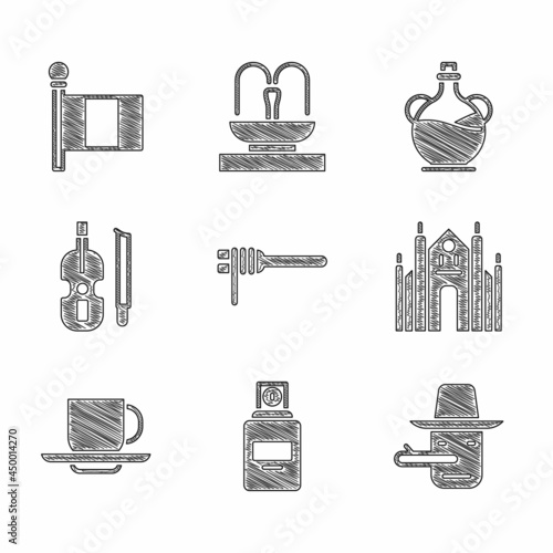 Set Pasta spaghetti, Perfume, Pinocchio, Milan Cathedral, Coffee cup, Violin, Bottle olive oil and Flag Italy icon. Vector