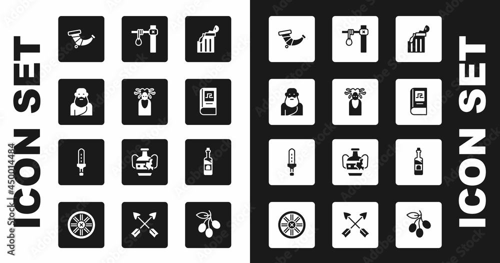Set Broken ancient column, Medusa Gorgon, Socrates, Hunting horn, Greek history book, Gallows, Bottle of wine and Medieval sword icon. Vector Set Broken ancient column, Medusa Gorgon, Socrates, Hunting horn, Greek history book, Gallows, Bottle of wine and Medieval sword icon. Vector