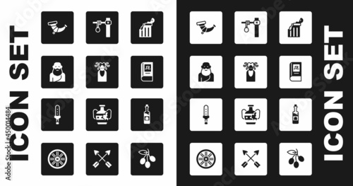 Set Broken ancient column, Medusa Gorgon, Socrates, Hunting horn, Greek history book, Gallows, Bottle of wine and Medieval sword icon. Vector