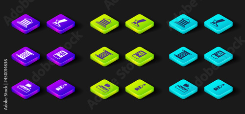 Set Greek trireme, Bottle of wine, Decree, parchment, scroll, history book, Hermes sandal and Parthenon icon. Vector