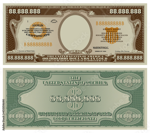 Fictional obverse and reverse of a gold certificate with a face value of 88,888,888 dollars. US paper money