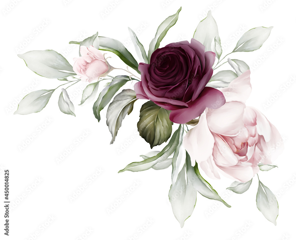 Flower composition with a purple rose and delicate peony. Greeting card in watercolor style
