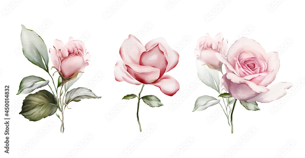 Set of bouquets with roses in a watercolor style. Flowers for greeting cards Set of bouquets with roses in a watercolor style. Flowers for greeting cards