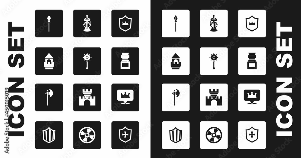 Set Shield with crown, Medieval chained mace ball, Castle tower, spear, Poison bottle, iron helmet, Location king and axe icon. Vector Set Shield with crown, Medieval chained mace ball, Castle tower, spear, Poison bottle, iron helmet, Location king and axe icon. Vector