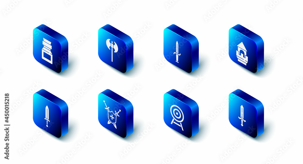 Set Medieval axe, Dagger, Castle tower, sword, Target with arrow, shield swords, and Poison in bottle icon. Vector Set Medieval axe, Dagger, Castle tower, sword, Target with arrow, shield swords, and Poison in bottle icon. Vector