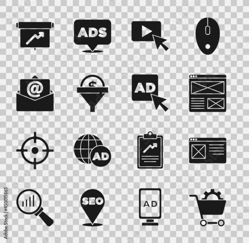 Set Shopping cart, Browser window, Advertising, Lead management, Mail and e-mail, Board with graph chart and icon. Vector