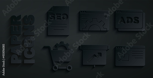 Set Board with graph chart, Advertising, Shopping cart, Browser window, setting and SEO optimization icon. Vector
