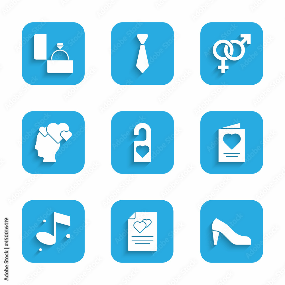 Set Please do not disturb, Greeting card, Woman shoe, Music note, Head with heart, Gender and Diamond engagement ring icon. Vector Set Please do not disturb, Greeting card, Woman shoe, Music note, Head with heart, Gender and Diamond engagement ring icon. Vector