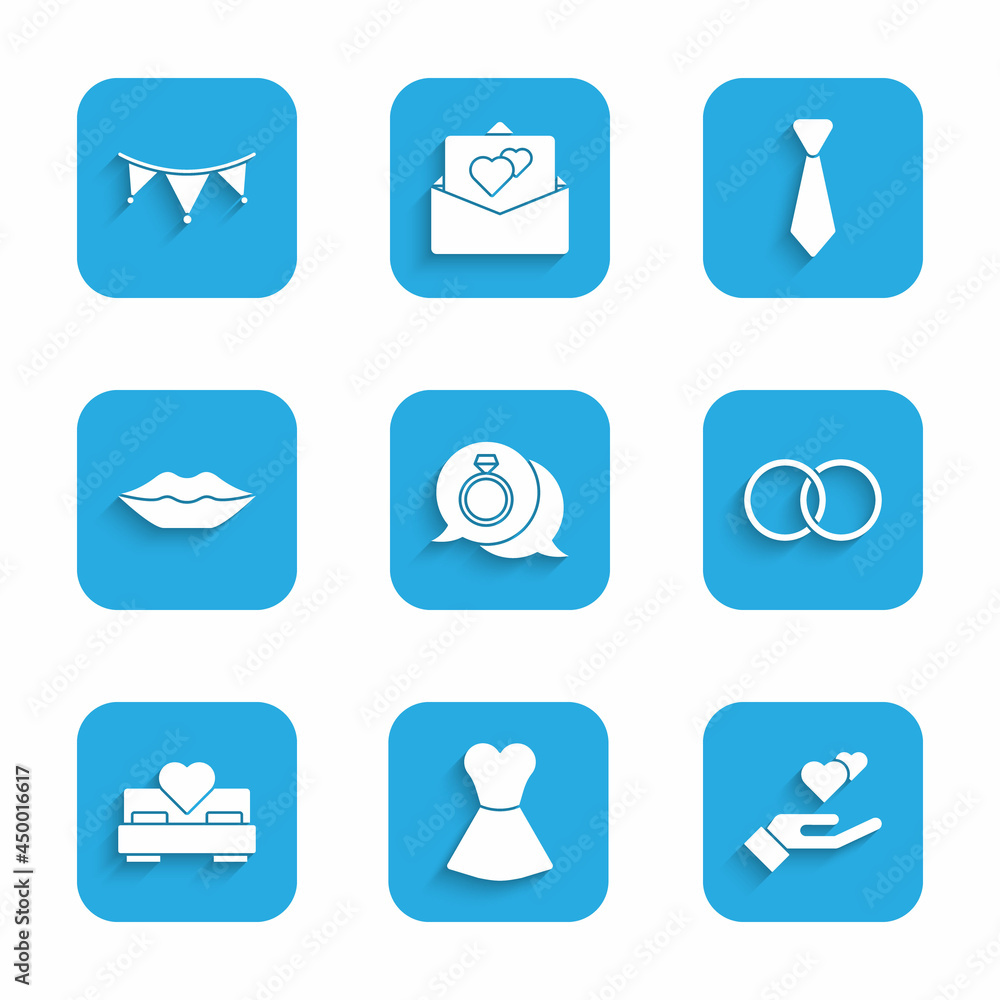 Set Diamond engagement ring, Woman dress, Heart hand, Wedding rings, Bedroom, Smiling lips, Tie and Carnival garland with flags icon. Vector Set Diamond engagement ring, Woman dress, Heart hand, Wedding rings, Bedroom, Smiling lips, Tie and Carnival garland with flags icon. Vector