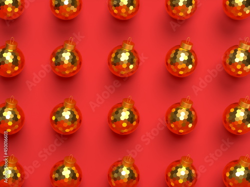 3d Christmas red background with golden balls. Merry Christmas and Happy New Year. 3d rendering illustration.