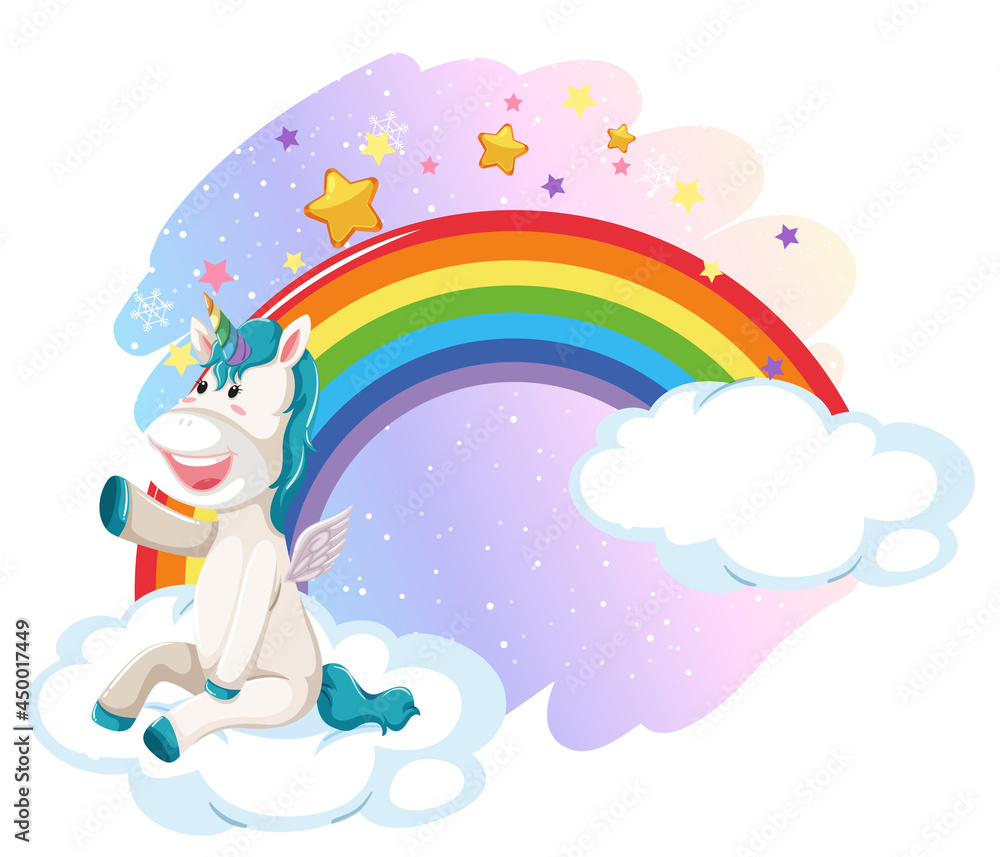 Fototapeta premium Cute unicorn in the pastel sky with rainbow