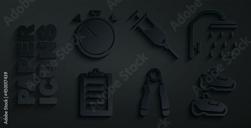 Set Sport expander, Shower head, training program, sneakers, Doping syringe and Stopwatch icon. Vector