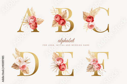 set watercolor boho floral alphabet with golden letter