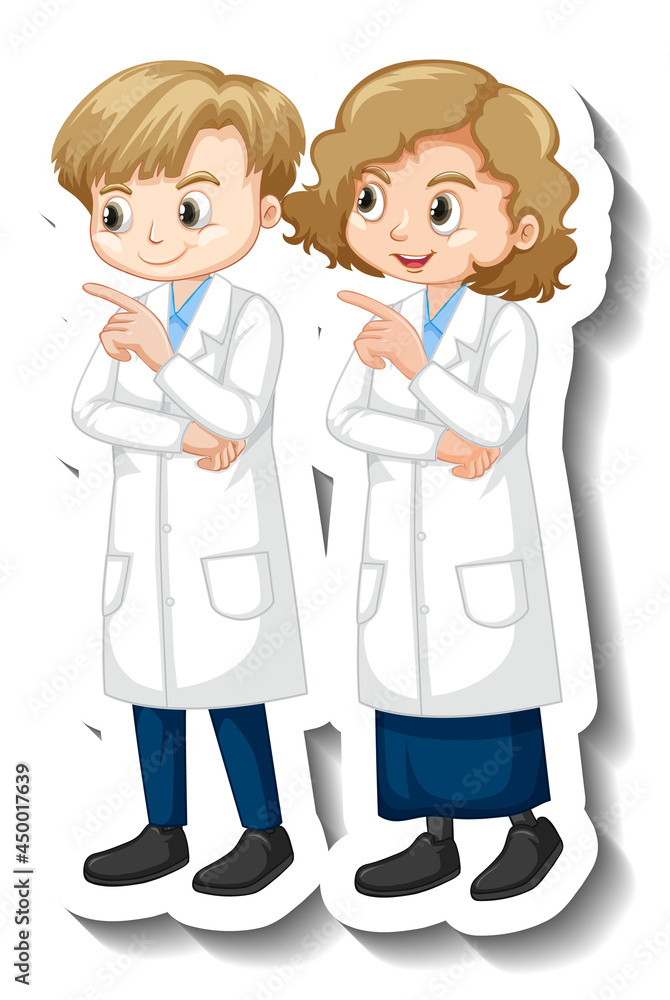 Cartoon character sticker with children in science gown Cartoon character sticker with children in science gown