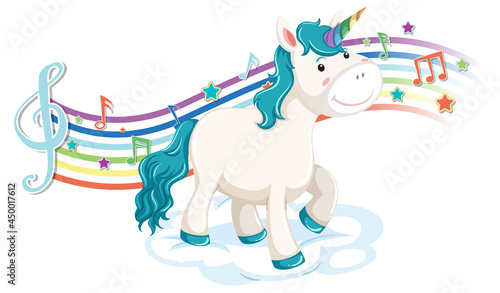 Cute unicorn standing on the cloud with melody symbols on rainbow