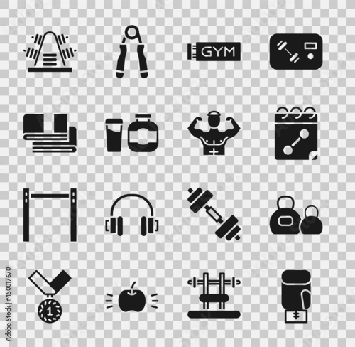 Set Boxing glove, Kettlebell, Calendar fitness, Location gym, Sports nutrition, Towel stack, Metal rack with weights and Bodybuilder muscle icon. Vector