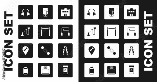Set Gym building, Horizontal bar, Chest expander, Headphones, Jump rope, Boxing glove, Sport and Location gym icon. Vector