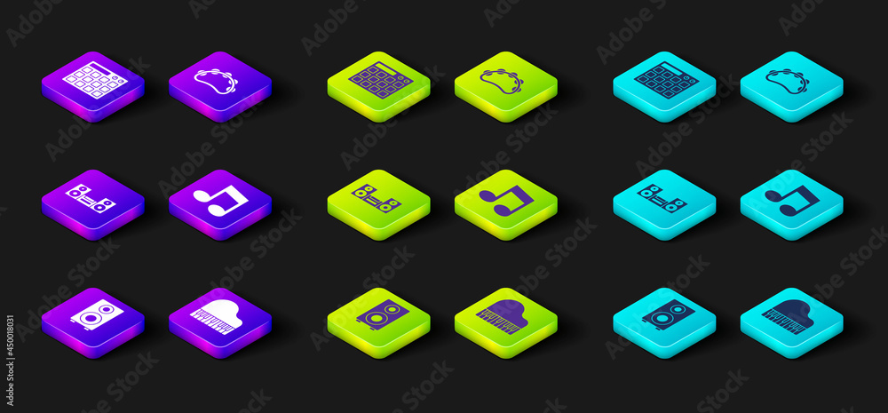Set Stereo speaker, Grand piano, Home stereo, Music note, tone, Tambourine and Drum machine icon. Vector Set Stereo speaker, Grand piano, Home stereo, Music note, tone, Tambourine and Drum machine icon. Vector