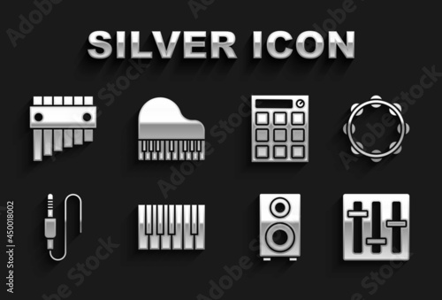 Set Grand piano, Tambourine, Sound mixer controller, Stereo speaker, Audio jack, Drum machine, Pan flute and icon. Vector