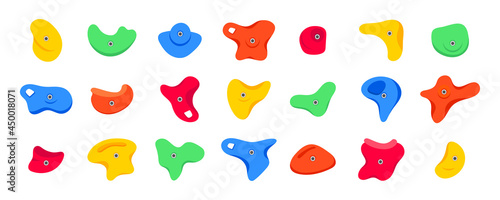 Set of climbing grips or holds in the gym bouldering training flat style design vector illustration set. Holds for the rock climbing walls. Crimps, jugs, pinches, slopers elements icon signs.
