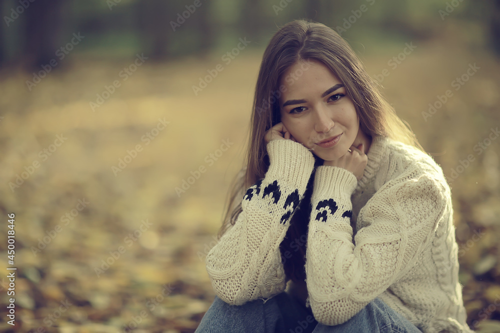 girl sitting autumn park, autumn season september in the forest girl sitting autumn park, autumn season september in the forest