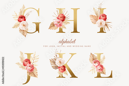 set watercolor boho floral alphabet with golden letter