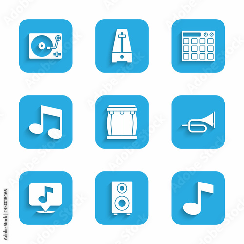 Set Drum, Stereo speaker, Music note, tone, Trumpet, Musical, machine and Vinyl player with vinyl disk icon. Vector