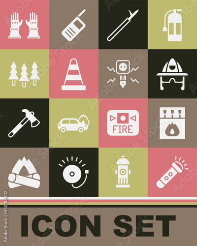 Set Flashlight, Matchbox and matches, Firefighter helmet, Metal pike pole, Traffic cone, Forest, gloves and Electricity spark icon. Vector