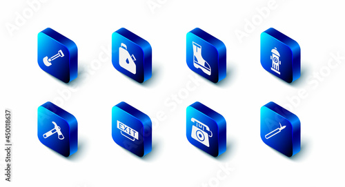Set Canister fuel, Fire boots, hydrant, Metal pike pole, Telephone call 911, exit, Firefighter axe and shovel icon. Vector