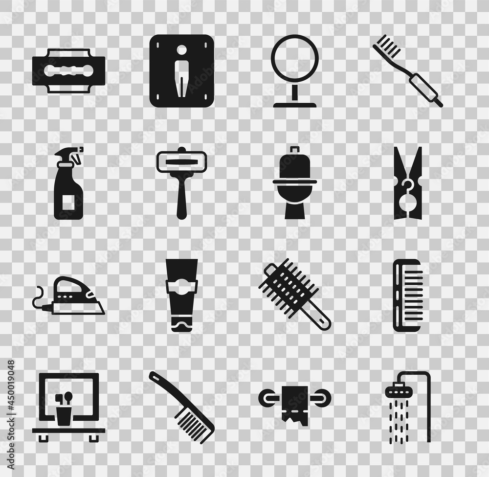 Obraz premium Set Shower, Hairbrush, Clothes pin, Round makeup mirror, Shaving razor, Cleaning spray bottle, Blade and Toilet bowl icon. Vector