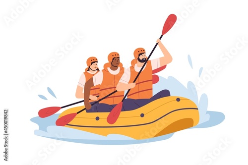 People swimming in inflatable boat, rowing with paddles. Team of men and woman in helmets traveling on lake or river. Summer water sport. Flat vector illustration isolated on white background