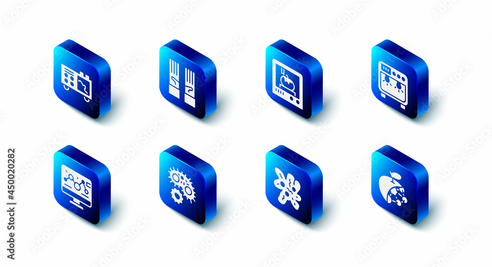 Set Medical rubber gloves, 3D printing technology, Biosafety box, Biological structure, Cell, Virus, Genetic engineering modification and Spectrometer icon. Vector Set Medical rubber gloves, 3D printing technology, Biosafety box, Biological structure, Cell, Virus, Genetic engineering modification and Spectrometer icon. Vector