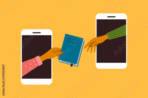 Online books swap, share, exchange, reading club, chat or social media. Man or woman hand gives book from mobile smartphone. Read books lovers. Internet bookstore, virtual library vector illustration