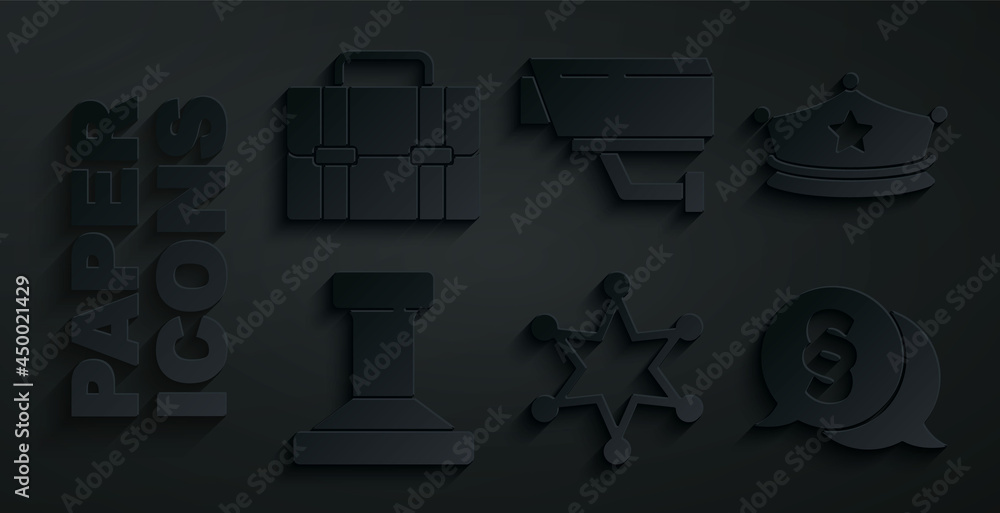 Set Hexagram sheriff, Police cap with cockade, Stamp, Law, Security camera and Briefcase icon. Vector Set Hexagram sheriff, Police cap with cockade, Stamp, Law, Security camera and Briefcase icon. Vector