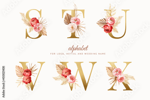 set watercolor boho floral alphabet with golden letter