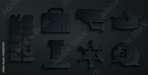 Set Hexagram sheriff, Police cap with cockade, Stamp, Law, Security camera and Briefcase icon. Vector