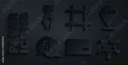 Set Identification badge, Location law, Law, Hexagram sheriff, Prison window and Fountain pen nib icon. Vector
