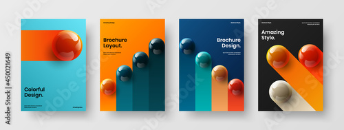 Unique company brochure vector design layout bundle. Multicolored realistic balls poster template collection.