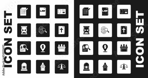 Set Identification badge, Fingerprint, Old hourglass, Document and pen, Holy bible book, Law, Jurors and Paper analysis magnifying icon. Vector