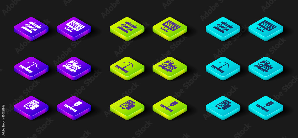 Set Toilet in the train car, Train traffic light, Railway, Vintage locomotive, Ticket office to buy tickets and End railway tracks icon. Vector Set Toilet in the train car, Train traffic light, Railway, Vintage locomotive, Ticket office to buy tickets and End railway tracks icon. Vector