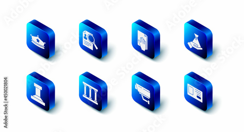 Set Paper analysis magnifying, Oath on the Holy Bible, Bribe money bag, Identification badge, Security camera, Prison window, Stamp and Police cap with cockade icon. Vector