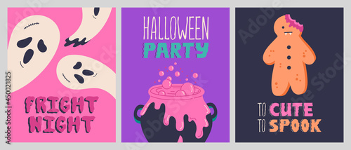Happy halloween party posters, creepy invitation, greeting cards collection with handwritten calligraphy. Hand drawn traditional holiday symbols set, ghosts, cauldron, scary lettering. Vector template