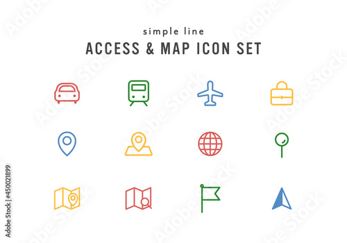 アクセスやマップに関連するアイコンセット　イラスト　地図　位置情報　ナビ　交通機関　目的地　ピン