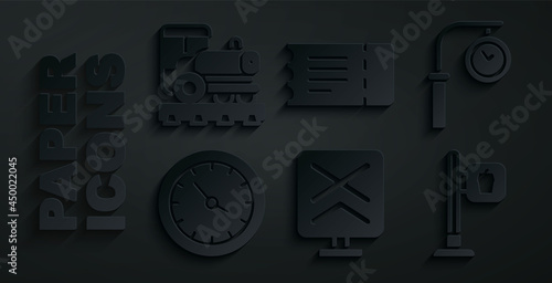 Set Railroad crossing, Train station clock, Cafe and restaurant location, ticket and Vintage locomotive icon. Vector