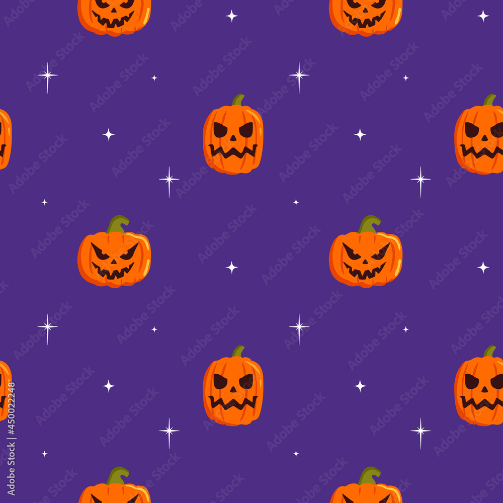 Seamless pattern with cute pumpkin, stars on purple background. Cartoon flat vector style. Baby texture for fabric, wrapping, textile, wallpaper, clothing, greeting cards. Seamless pattern with cute pumpkin, stars on purple background. Cartoon flat vector style. Baby texture for fabric, wrapping, textile, wallpaper, clothing, greeting cards.