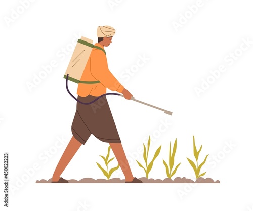 Indian farmer working on farm field, spraying fertilizer on soil and plants. Agriculture worker with pest equipment on plantation in India. Flat vector illustration isolated on white background