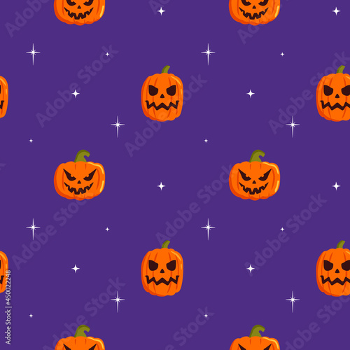 Seamless pattern with cute pumpkin, stars on purple  background. Cartoon flat vector style. Baby texture for fabric, wrapping, textile, wallpaper, clothing, greeting cards.
