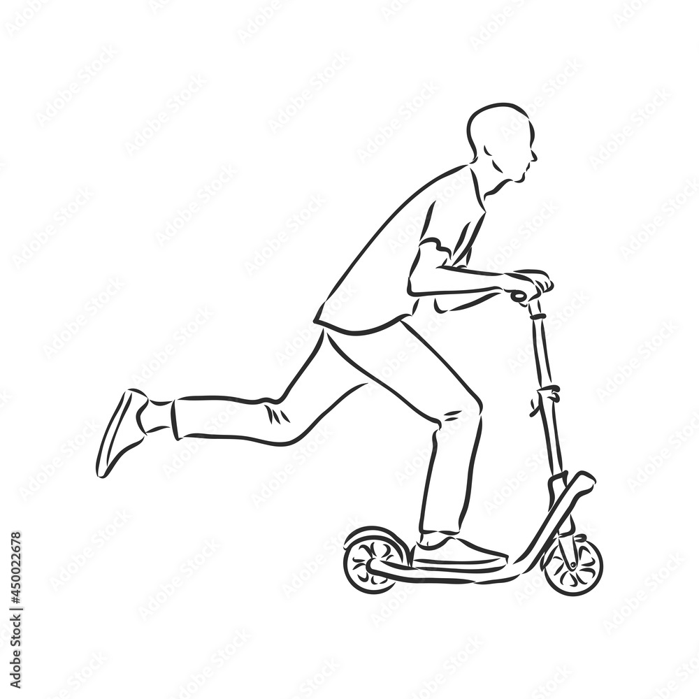 Continuous line woman rides an electric scooter with raised leg Continuous line woman rides an electric scooter with raised leg