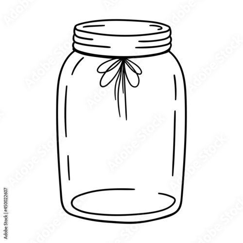 Hand-drawn glass mason jar. Outline drawing. Line vector illustration. Isolated on white background. 